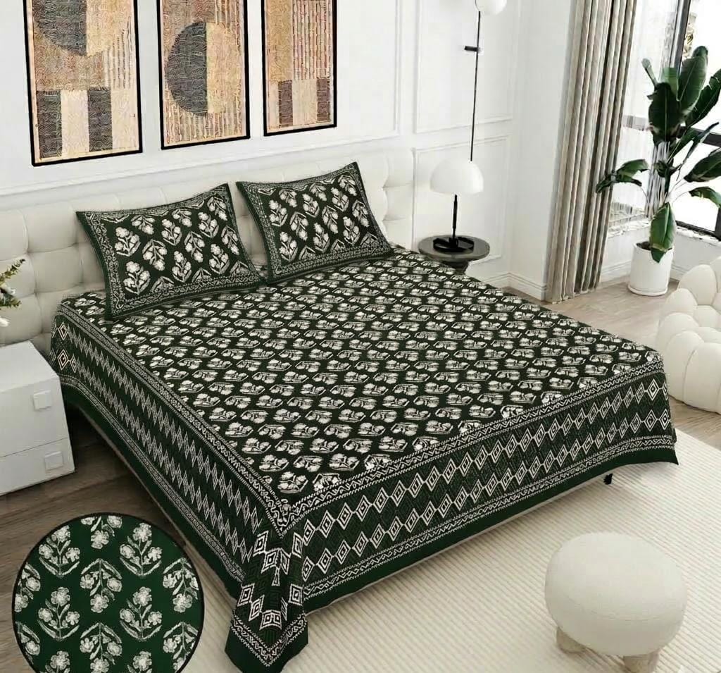 Daabu Print Cotton 300 TC Bedsheet with 2 Pillow Covers – 95×108 Inches