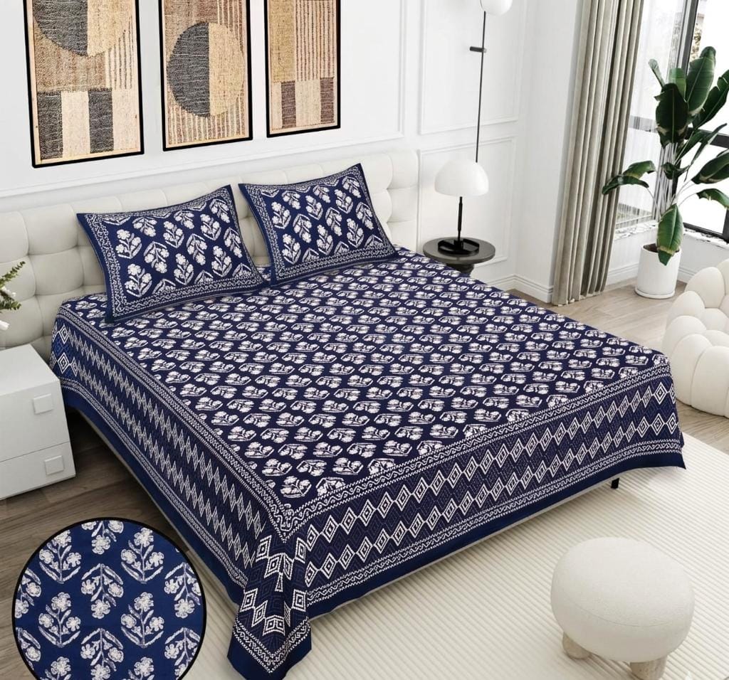 Daabu Print Cotton 300 TC Bedsheet with 2 Pillow Covers – 95×108 Inches