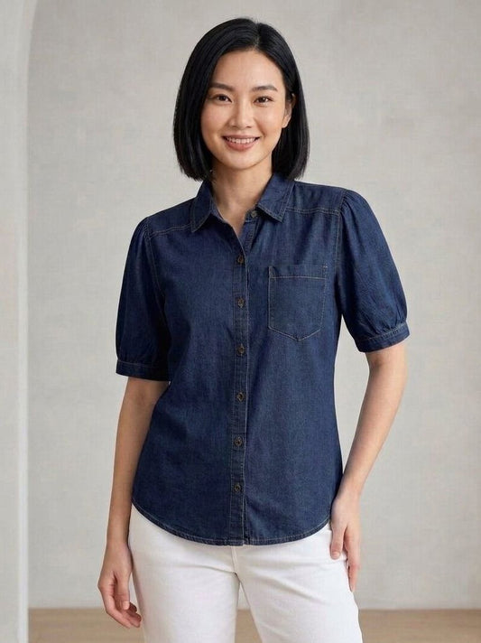 Dark Blue Denim Shirt for Women with Chest Pocket & Short Sleeves