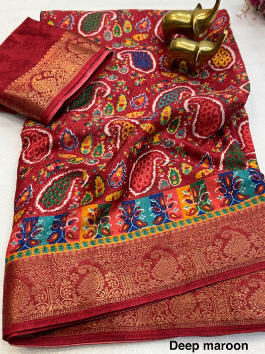 Deep Maroon Dola Jute Print Saree with Golden Weaving Border & Running Blouse
