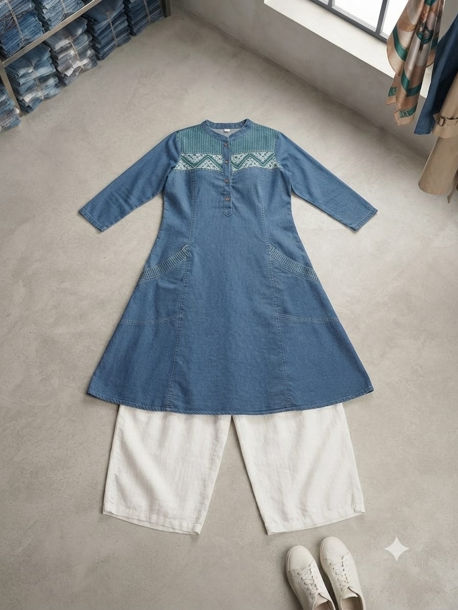 Denim Kurti with Linen Pant Co-Ord Set for Women