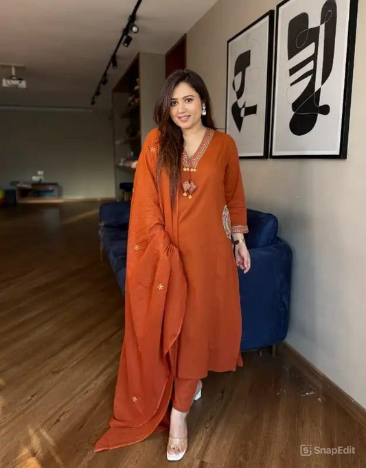 Dhabu Cotton A-Line Suit Set with Embroidery, Pockets & Tassels