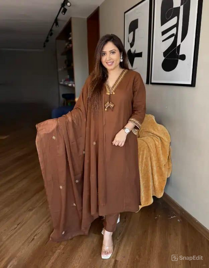 Dhabu Cotton A-Line Suit Set with Embroidery, Pockets & Tassels