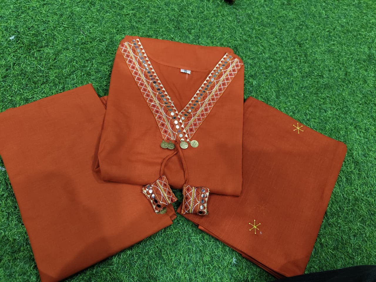 Dhabu Cotton A-Line Suit Set with Embroidery, Pockets & Tassels