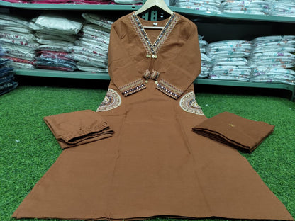 Dhabu Cotton A-Line Suit Set with Embroidery, Pockets & Tassels