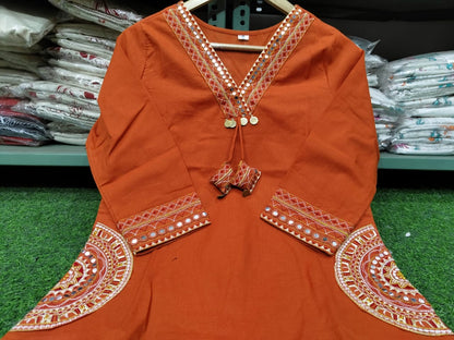 Dhabu Cotton A-Line Suit Set with Embroidery, Pockets & Tassels