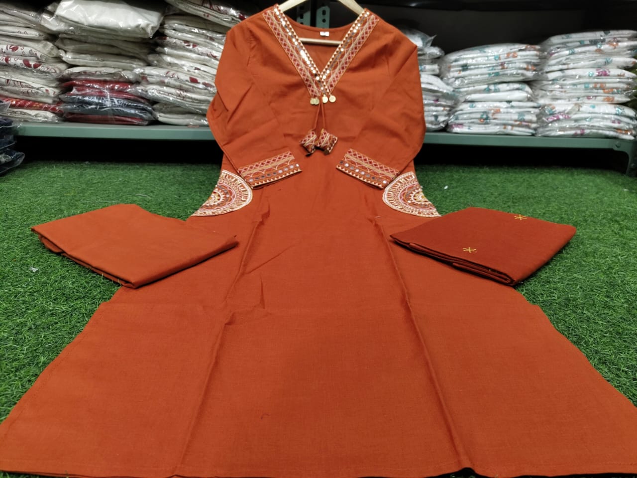 Dhabu Cotton A-Line Suit Set with Embroidery, Pockets & Tassels