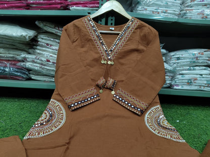 Dhabu Cotton A-Line Suit Set with Embroidery, Pockets & Tassels