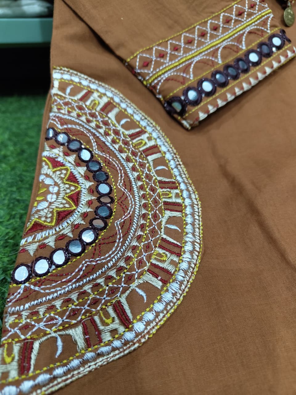 Dhabu Cotton A-Line Suit Set with Embroidery, Pockets & Tassels