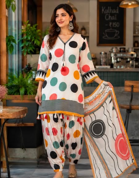 Digital Polka Dot Printed Farshi Salwar Suit Set with Dupatta