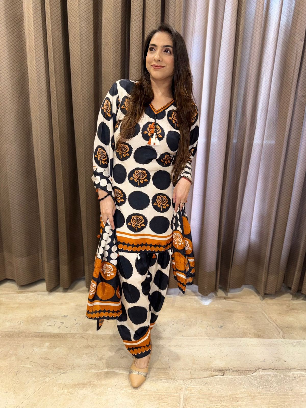 Digital Polka Dot Printed Farshi Salwar Suit Set with Dupatta