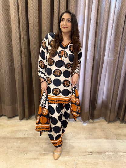 Digital Polka Dot Printed Farshi Salwar Suit Set with Dupatta