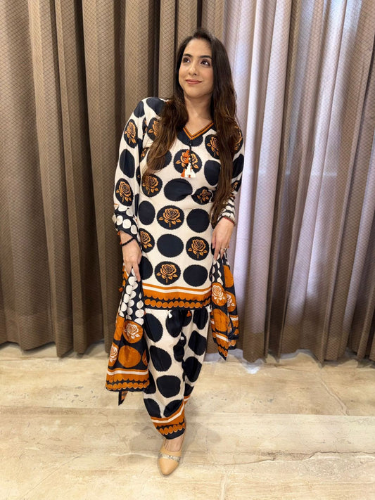 Digital Polka Dot Printed Farshi Salwar Suit Set with Dupatta