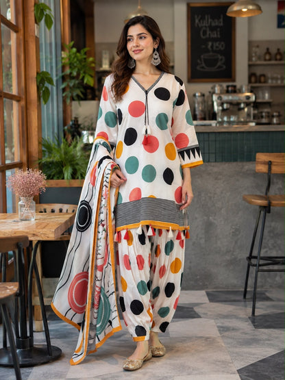 Digital Polka Dot Printed Farshi Salwar Suit Set with Dupatta