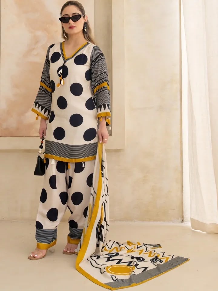 Digital Polka Dot Printed Farshi Salwar Suit Set with Dupatta