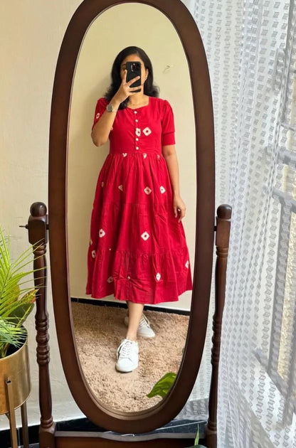 Discharge Cotton Printed Middi Dress with Puff Sleeves & Buttons for women