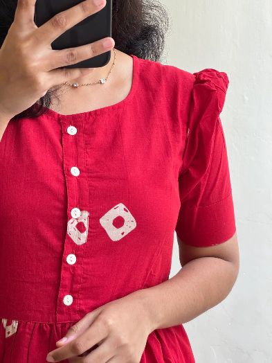 Discharge Cotton Printed Middi Dress with Puff Sleeves & Buttons for women