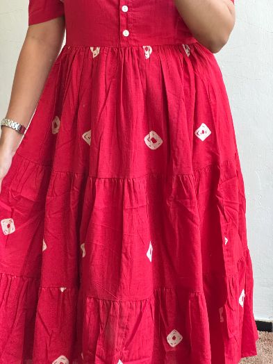 Discharge Cotton Printed Middi Dress with Puff Sleeves & Buttons for women