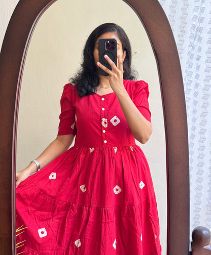 Discharge Cotton Printed Middi Dress with Puff Sleeves & Buttons for women