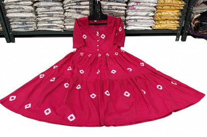 Discharge Cotton Printed Middi Dress with Puff Sleeves & Buttons for women