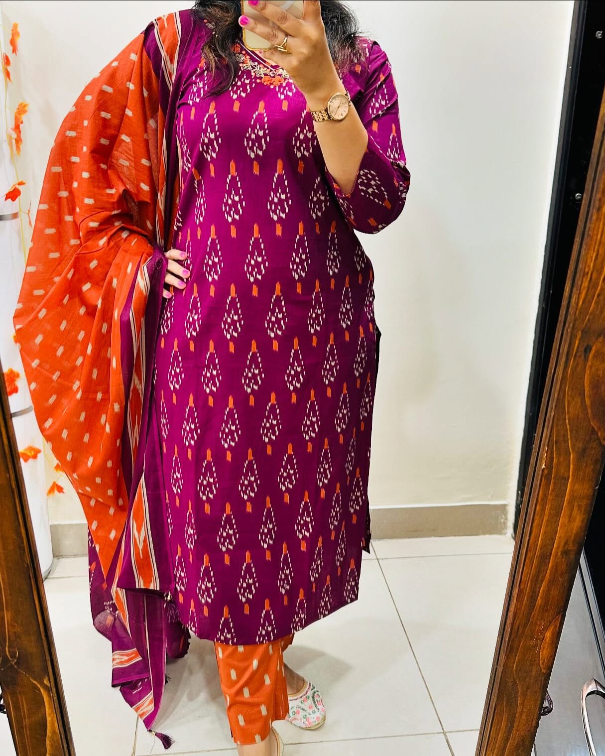 Discharge Print Cotton Suit with Embroidery & Sequins Work, Pant & Dupatta