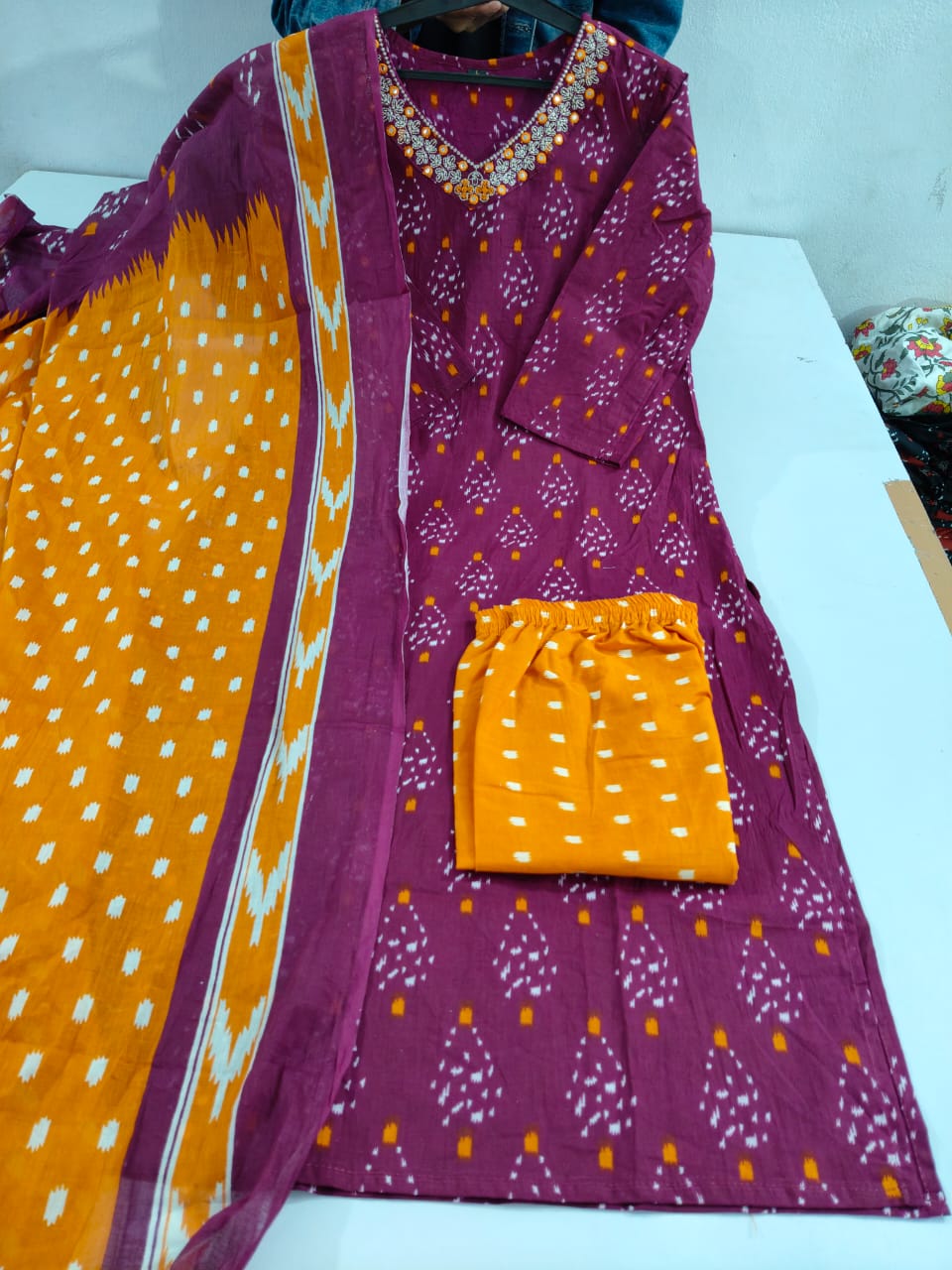 Discharge Print Cotton Suit with Embroidery & Sequins Work, Pant & Dupatta