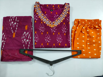 Discharge Print Cotton Suit with Embroidery & Sequins Work, Pant & Dupatta