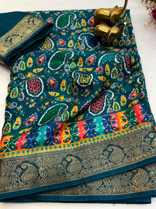 Dola Jute Printed Saree with Golden Weaving Border & Running Blouse