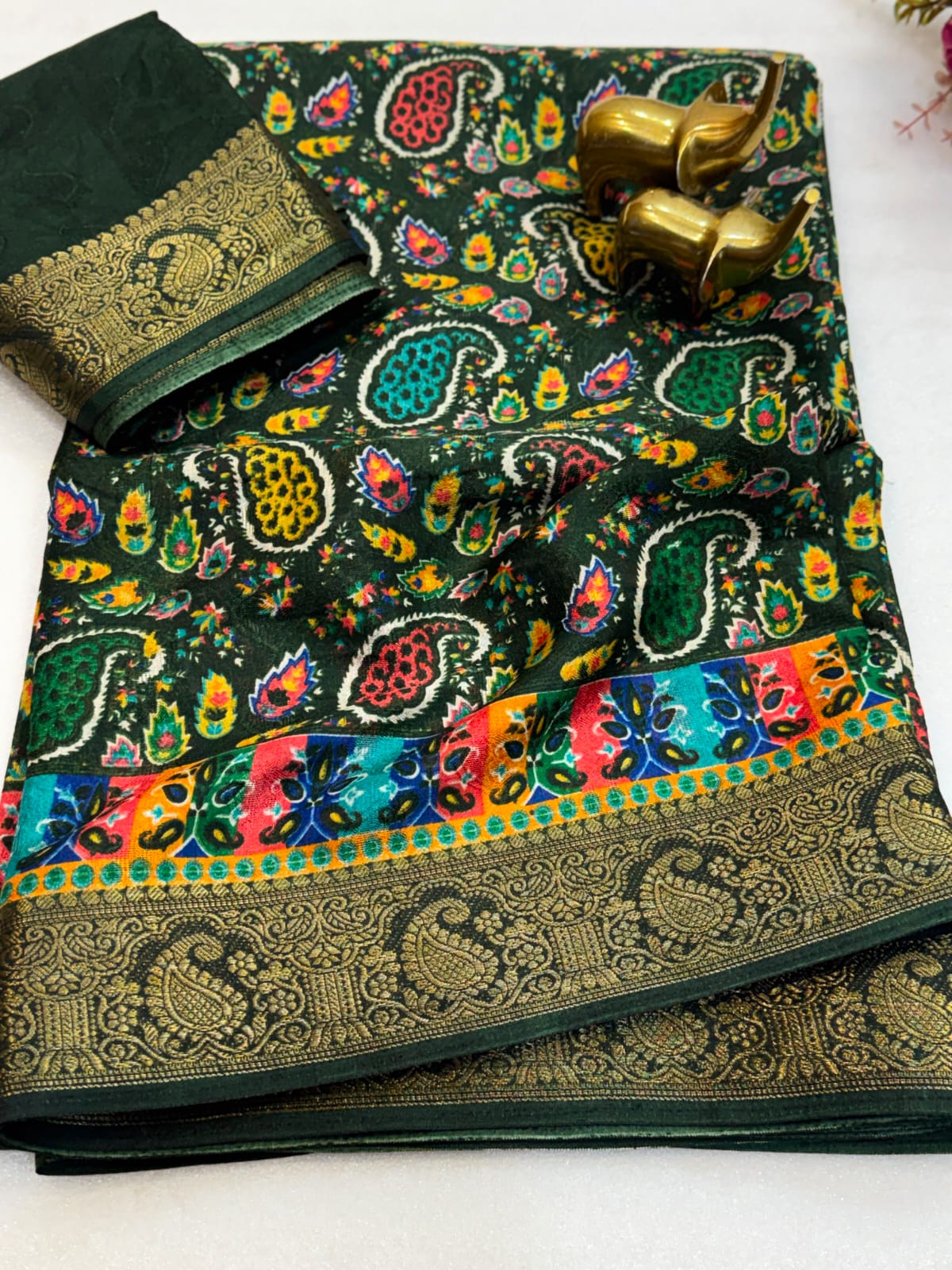 Dola Jute Printed Saree with Golden Weaving Border & Running Blouse