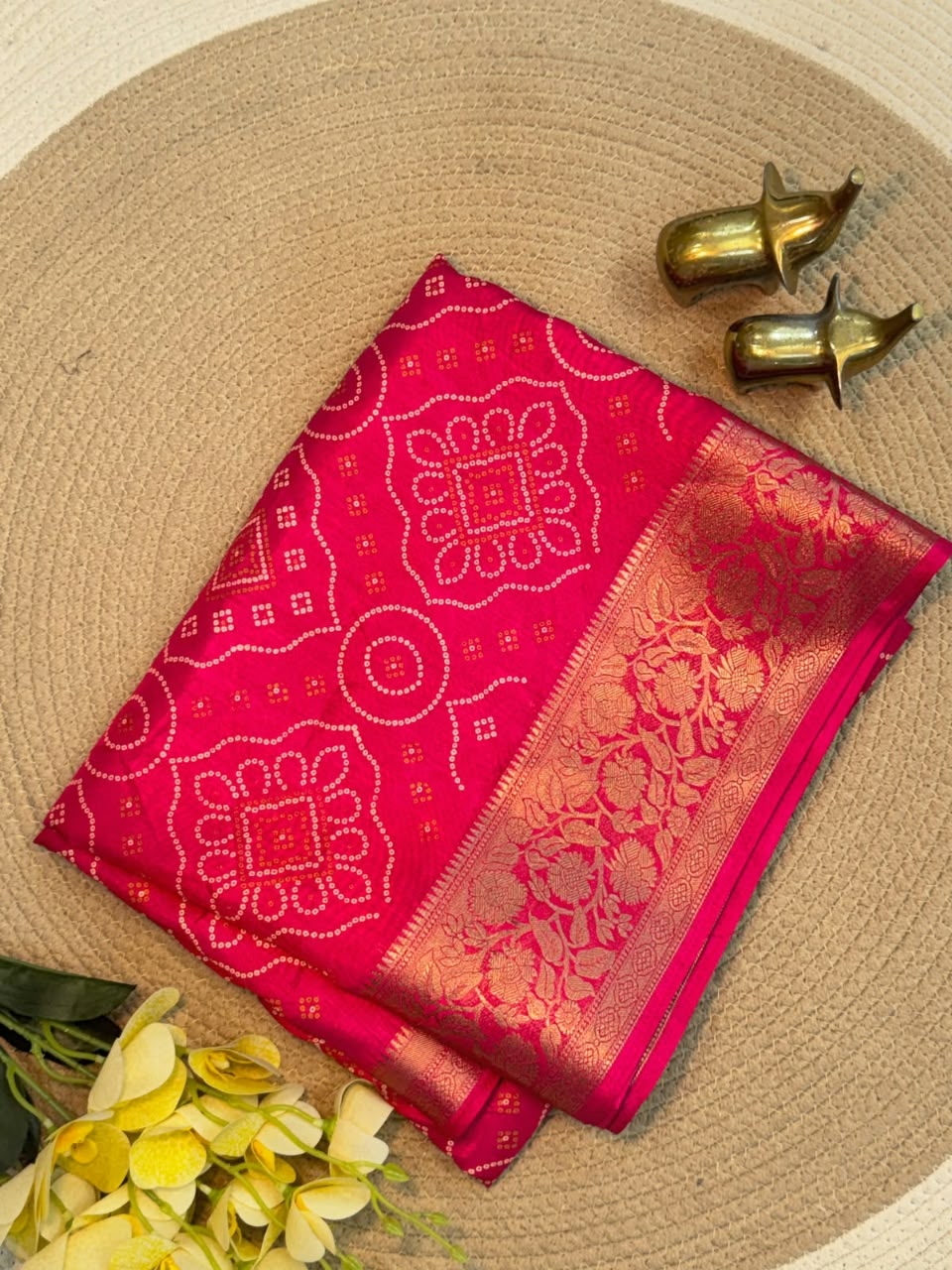 Dola Silk Bandhani Print Saree with Jacquard Border & Running Blouse