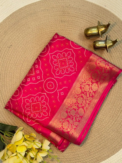 Dola Silk Bandhani Print Saree with Jacquard Border & Running Blouse