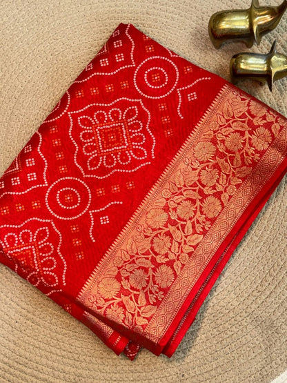 Dola Silk Bandhani Print Saree with Jacquard Border & Running Blouse