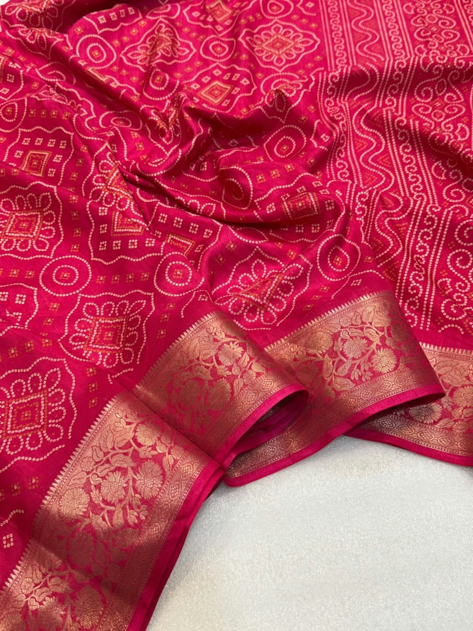 Dola Silk Bandhani Print Saree with Jacquard Border & Running Blouse