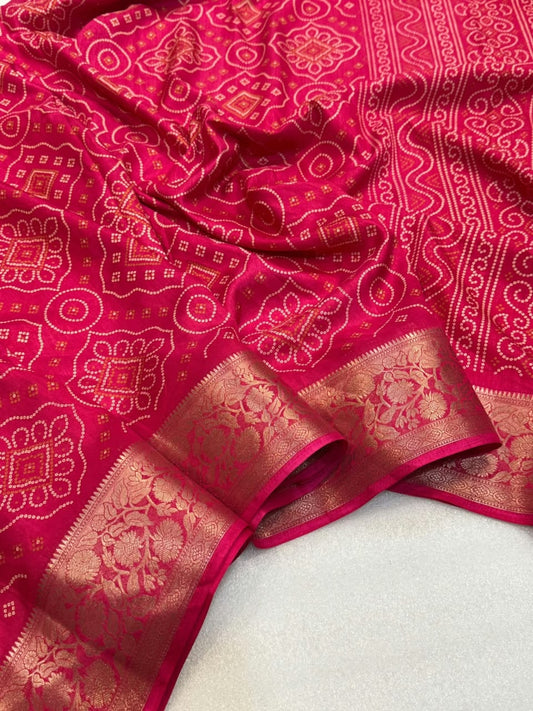 Dola Silk Bandhani Print Saree with Jacquard Border & Running Blouse