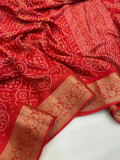 Dola Silk Bandhani Print Saree with Jacquard Border & Running Blouse