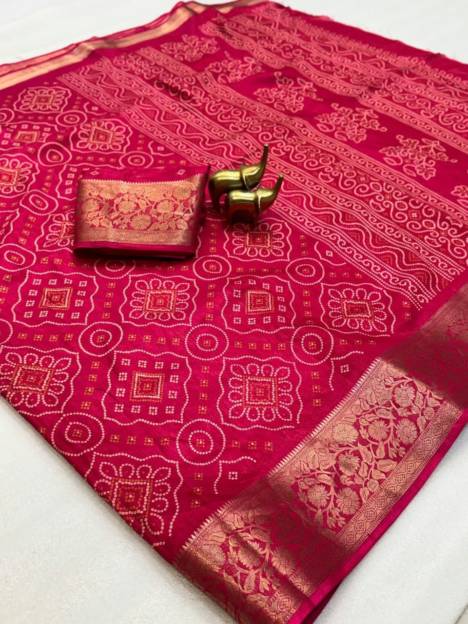 Dola Silk Bandhani Print Saree with Jacquard Border & Running Blouse