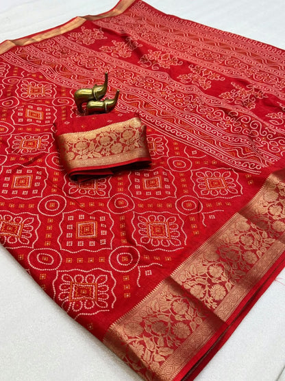 Dola Silk Bandhani Print Saree with Jacquard Border & Running Blouse