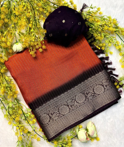 Dola Silk Recco Zari Saree with Contrast Hamsa Border & Blouse
