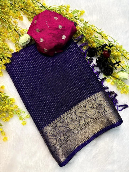Dola Silk Recco Zari Saree with Contrast Hamsa Border & Blouse
