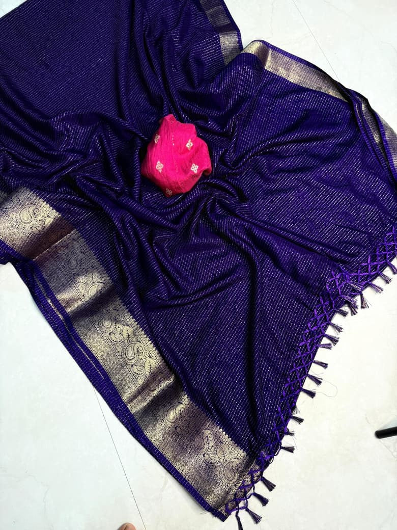 Dola Silk Recco Zari Saree with Contrast Hamsa Border & Blouse