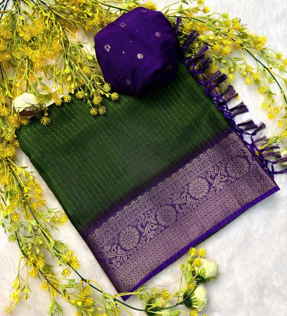 Dola Silk Recco Zari Saree with Contrast Hamsa Border & Blouse