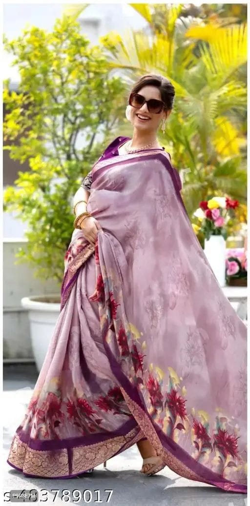 Dola Silk Saree with Floral Print, Jacquard Border & Embroidered Stone Work Blouse