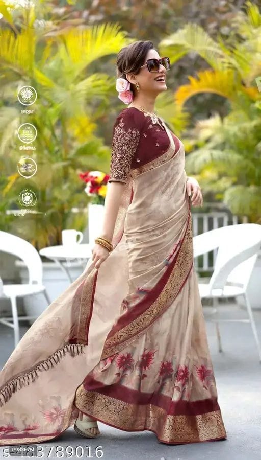 Dola Silk Saree with Floral Print, Jacquard Border & Embroidered Stone Work Blouse
