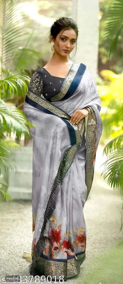 Dola Silk Saree with Floral Print, Jacquard Border & Embroidered Stone Work Blouse