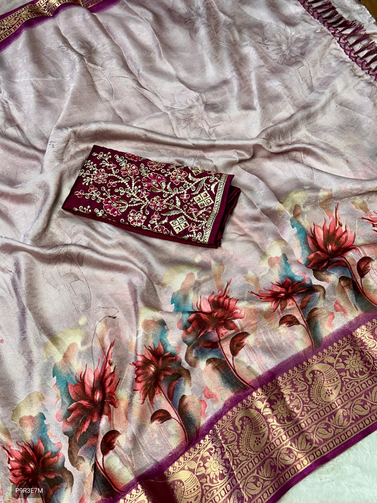 Dola Silk Saree with Floral Print, Jacquard Border & Embroidered Stone Work Blouse