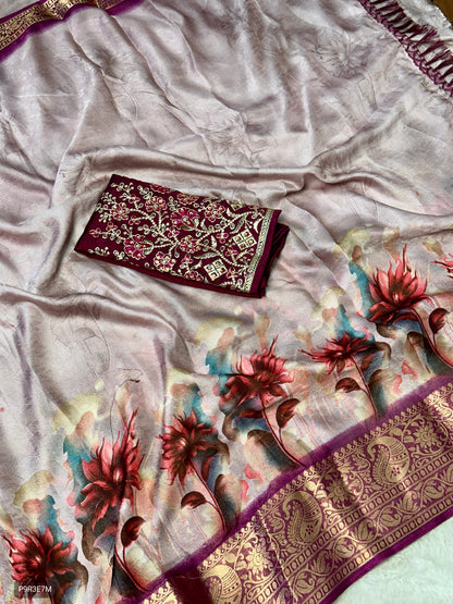 Dola Silk Saree with Floral Print, Jacquard Border & Embroidered Stone Work Blouse