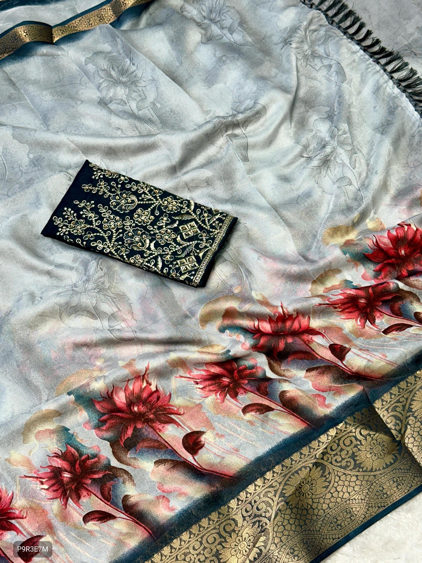 Dola Silk Saree with Floral Print, Jacquard Border & Embroidered Stone Work Blouse