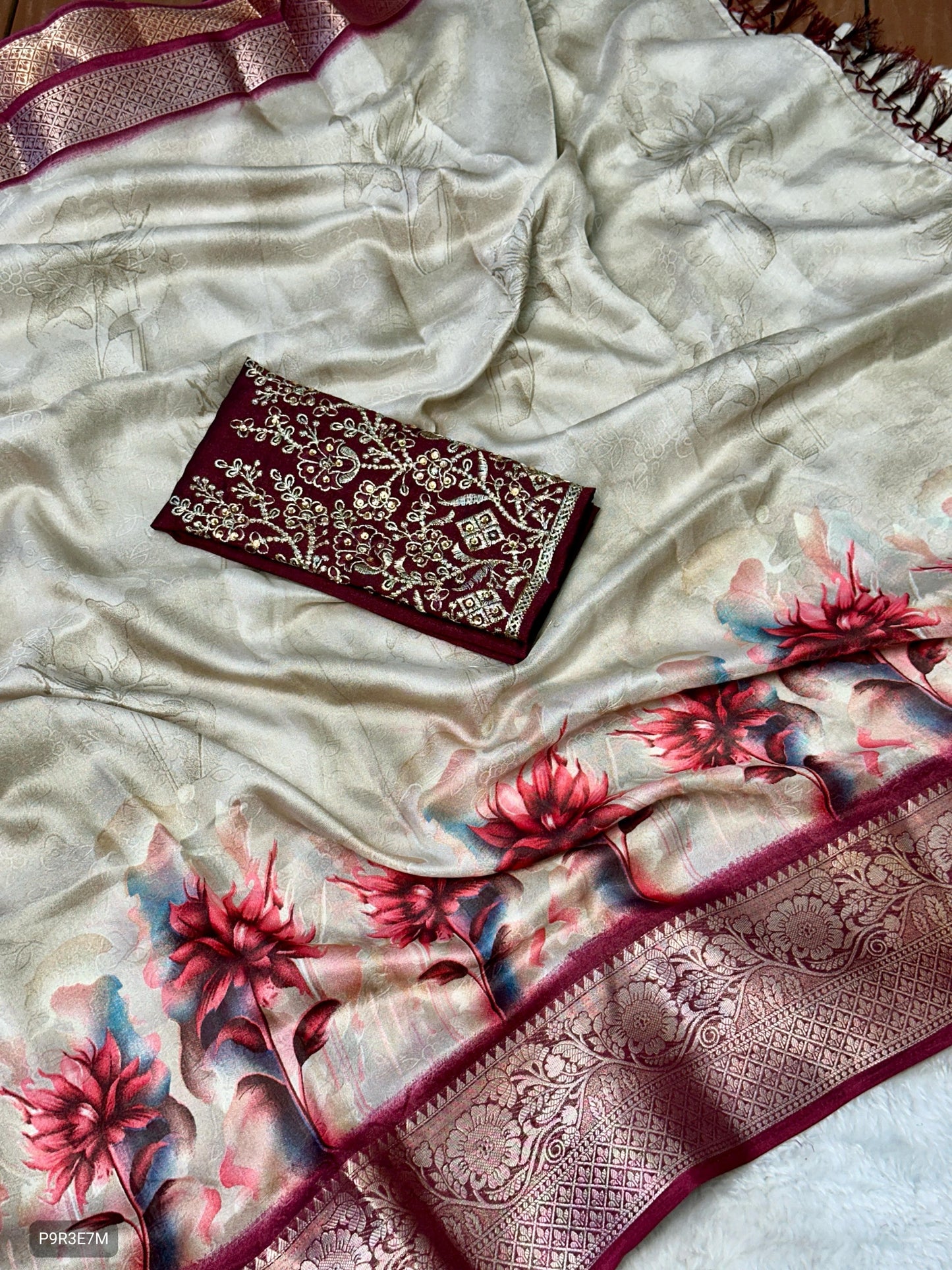 Dola Silk Saree with Floral Print, Jacquard Border & Embroidered Stone Work Blouse