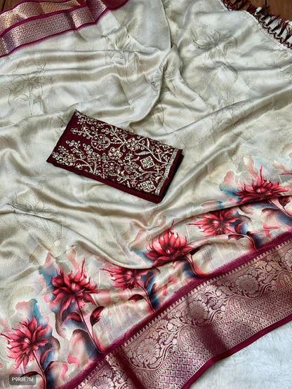 Dola Silk Saree with Floral Print, Jacquard Border & Embroidered Stone Work Blouse