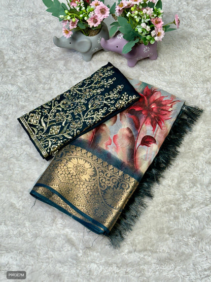 Dola Silk Saree with Floral Print, Jacquard Border & Embroidered Stone Work Blouse